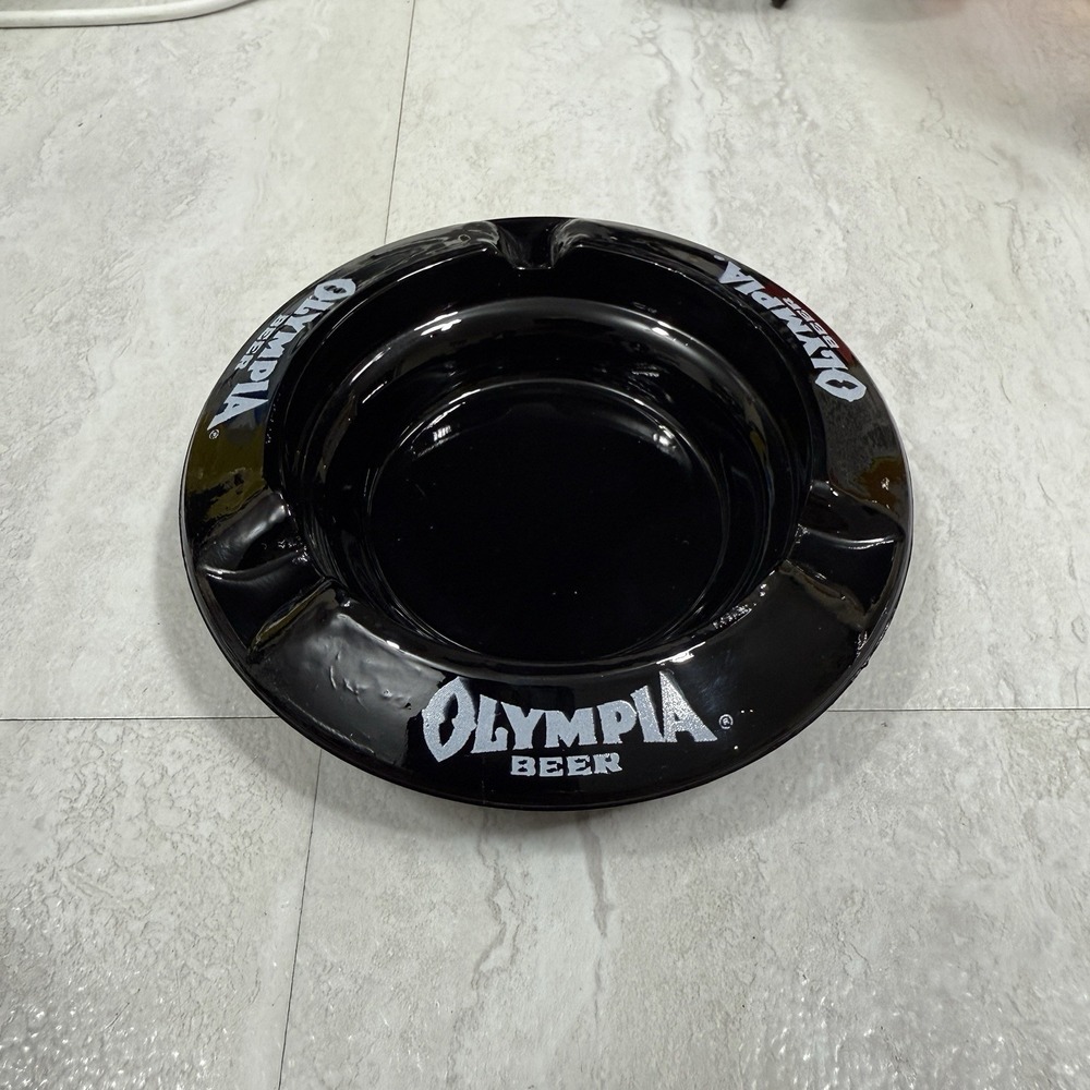 Vintage 1960s Olympia Beer Black Glass Bar Ashtray Retro Collectible Breweriana